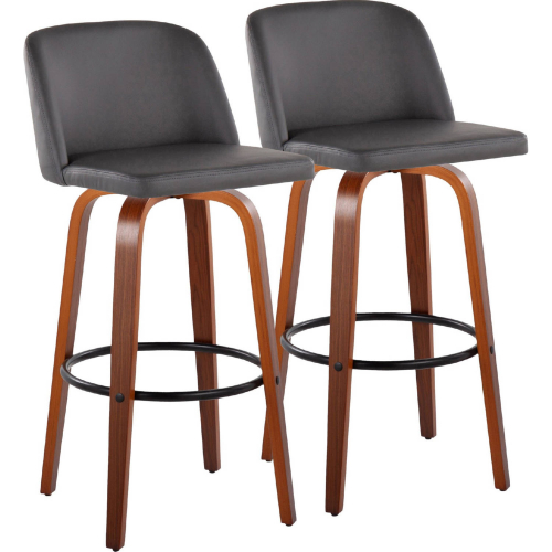 Toriano 30" Swivel Bar Stool in Walnut Wood & Grey Leatherette w/ Black Footrest (Set of 2)